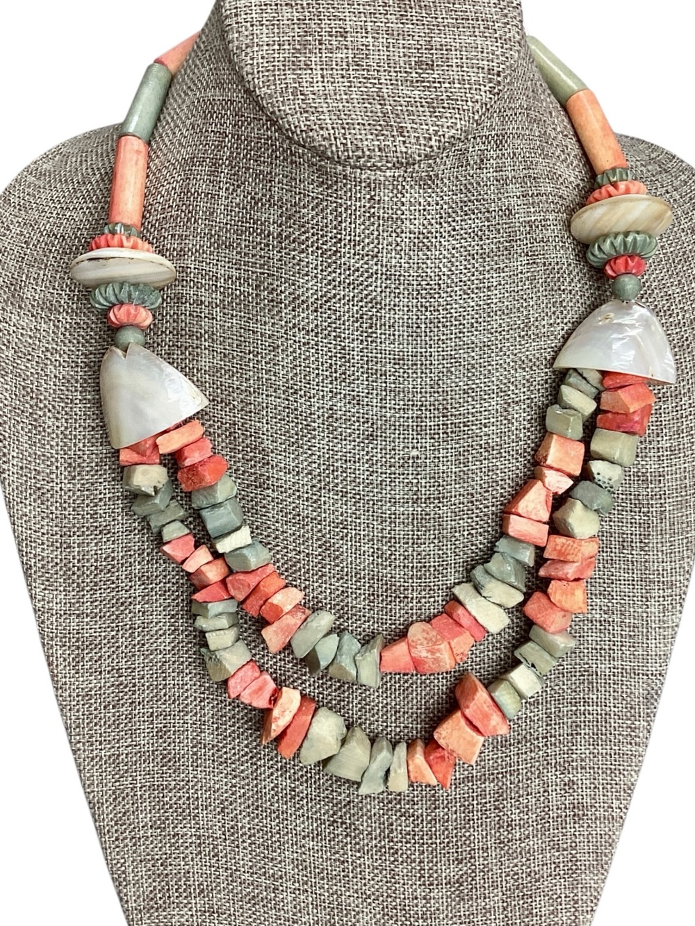 Vintage Coral Beaded Shells 2 strand Necklace green